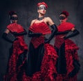 Flamenco spanish seductive dancers wearing traditional costume.