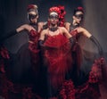 Flamenco spanish seductive dancers wearing traditional costume.
