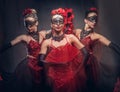 Flamenco spanish seductive dancers wearing traditional costume.