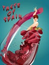 Flamenco. Taste of Spain. Sexy DANCING flamenco lady. Spanish red wine glass on blue background.