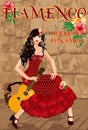 Flamenco.Translation is From Spain with Love. Beauty girl with spanish guitar. Flamenco party card