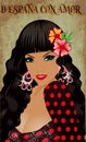 Flamenco.Translation is From Spain with Love. Elegant spanish girl. Festival card. vector