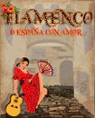 Flamenco. Translation is From Spain with Love. Festival card with spanish woman and guitar