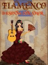 Flamenco.Translation is From Spain with Love. Spanish girl with fan and flamenco guitar. Holiday wallpaper