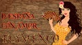 Flamenco.Translation is From Spain with Love. Spanish girl with fan. Invitation card. vector