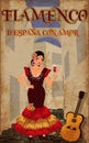 Flamenco.Translation is From Spain with Love. Spanish girl with wineglass and flamenco guitar