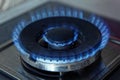 Flames of blue gas. Close up burning fire ring from a kitchen gas stove