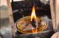 Flames burn in oil burners