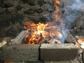 Flames from burning dried coconut husks