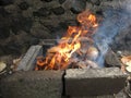 Flames from burning dried coconut husks