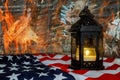 Flames engulf burning home during the destroyed homes and the American Flag Royalty Free Stock Photo