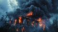 Flames engulf a crumbling building sending clouds of dark smoke billowing into the sky