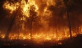 Flames engulfing trees in a forest, the fire spreading rapidly through the dry underbrush Royalty Free Stock Photo