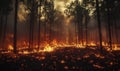 Flames engulfing trees in a forest, the fire spreading rapidly through the dry underbrush Royalty Free Stock Photo