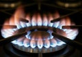 Flames from a gas stove burner form a circular pattern around a metal ring. The flame tips are Royalty Free Stock Photo