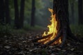 Flames lick at the base of a tree as the fire spreads upward, landscape, firewood Royalty Free Stock Photo