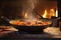 flames licking the sides of the paella pan, cooking rice