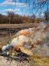 Flames and smoke rise from a burning pile. Illegal burning of leaves and dry grass Royalty Free Stock Photo