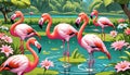 Flamingo tall pink bird lily pond