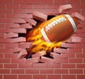 Flaming American Football Ball Breaking Through Brick Wall