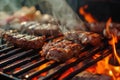 Flaming Barbecue grill with burning fire closeup photo. Generate ai