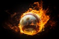 Flaming baseball in the darkness A fiery spectacle against a black backdrop