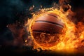 Flaming basket charge, Intense ball movement as hoop ignites in basketball