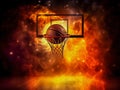 Flaming basketball going into a basketball net. Generative AI Royalty Free Stock Photo