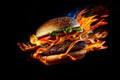 A flaming beef burger in a bun flying on a dark background. Generative ai