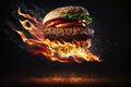 A flaming beef burger in a bun flying on a dark background. Generative ai