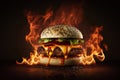 A flaming beef burger in a bun. Generative ai