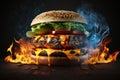 A flaming beef burger in a bun. Generative ai