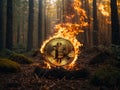 Burning Bitcoin Symbol in a Forest Landscape Under Autumn Sunlight Royalty Free Stock Photo