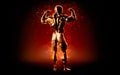 Flaming bodybuilder posing over black background. 3D illustration