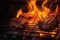 flaming burger patties lit by a grill light