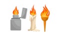 Flaming and Burning Objects with Cigar Lighter and Candle Vector Set