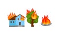 Flaming and Burning Objects with House and Tree on Fire Vector Set Royalty Free Stock Photo