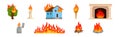 Flaming and Burning Objects with House and Tree on Fire Vector Set Royalty Free Stock Photo