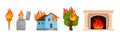 Flaming and Burning Objects with House and Tree on Fire Vector Set Royalty Free Stock Photo