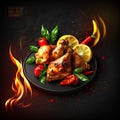 Flaming chicken wings with vegetables on black plate. Vector illustration Royalty Free Stock Photo