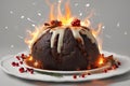 flaming christmas pudding with brandy butter