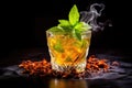 flaming cocktail with ice cubes and mint leaves Royalty Free Stock Photo