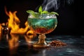 flaming cocktail with ice cubes and mint leaves Royalty Free Stock Photo