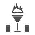 Flaming cocktail solid icon, Bartenders Day concept, Martini glass with beverage and burning fire sign on white