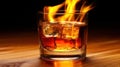 Flaming Drink with Ice Cubes on Wood Table, Fire Cocktail Concept Royalty Free Stock Photo