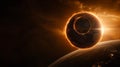 A total solar eclipse highlighted by glowing sun rays, over a dark background. Royalty Free Stock Photo