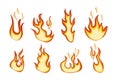flaming fire vector collection cartoon design isolated white background, Cartoon fire flames. Royalty Free Stock Photo