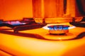 Flaming gas in an apartment stove, Close-up, strongly warm colors, Household energy price concept