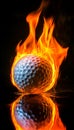 Flaming Golf Ball Golf Ball Engulfed in Vibrant Flames on a Reflective Black Background. Royalty Free Stock Photo