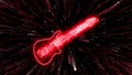 Flaming guitar passing through fireballs and particles